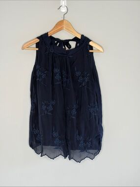 Navy Sleeveless Embroidered Halter Tie-Back Blouse Size S Embroidered Silk-blend